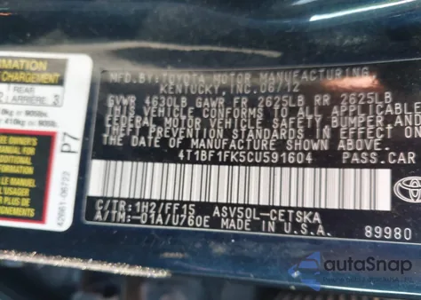 2012 Toyota Camry Se из США, поврежденный, VIN 4T1BF1FK5CU591604